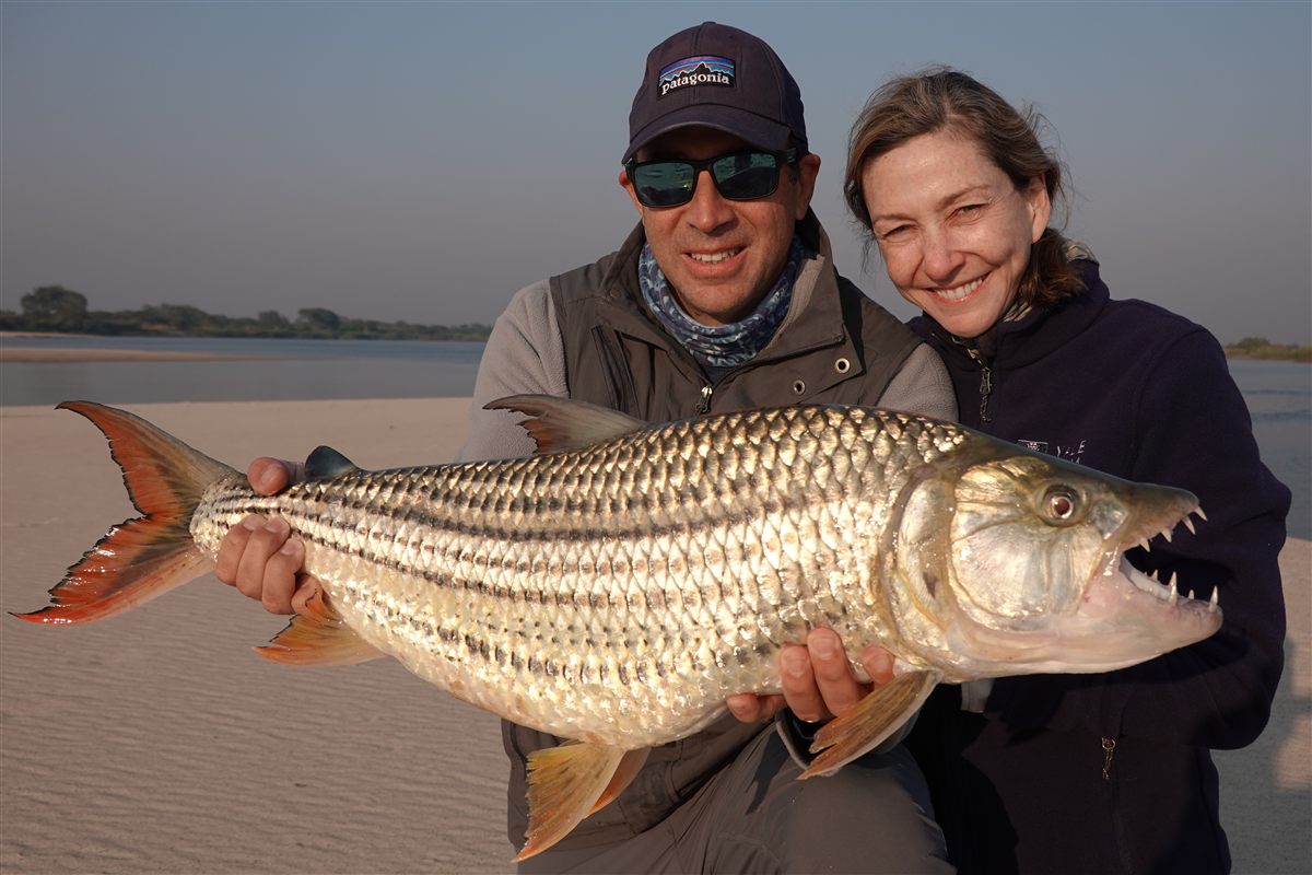 Michael and his wife holding a tigerfish on a Zambezi sandbar